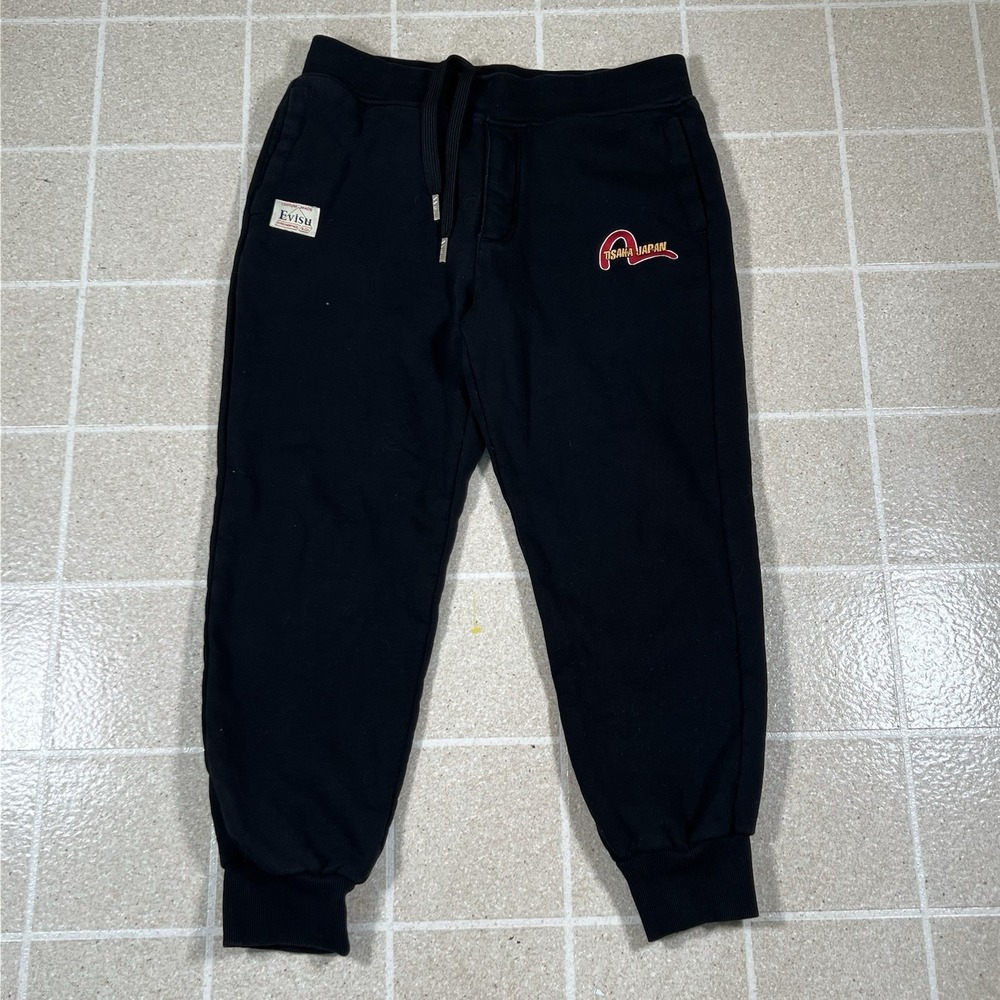 Evisu mens Black Logo Joggers Sweatpants Trousers Pants size S Patches